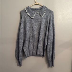 Gray Sweater with Pearl Collar